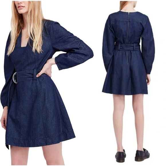 Free People Dress Womens Medium Blue Belted Long Sleeve Denim Mini Zip Back - Picture 1 of 8